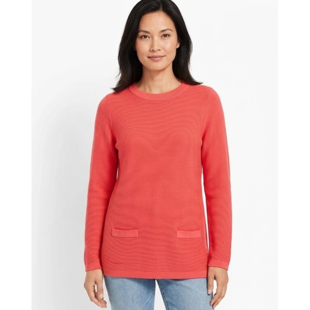 New Talbots Red Coral Round Neck Rib Knit Front Pocket Tunic Sweater Large